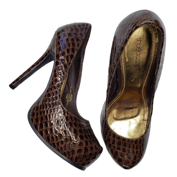 Shoe Dazzle | Bliss Brown Reptile Vegan Leather Retro Platform Stiletto Heels 7 - Picture 1 of 11